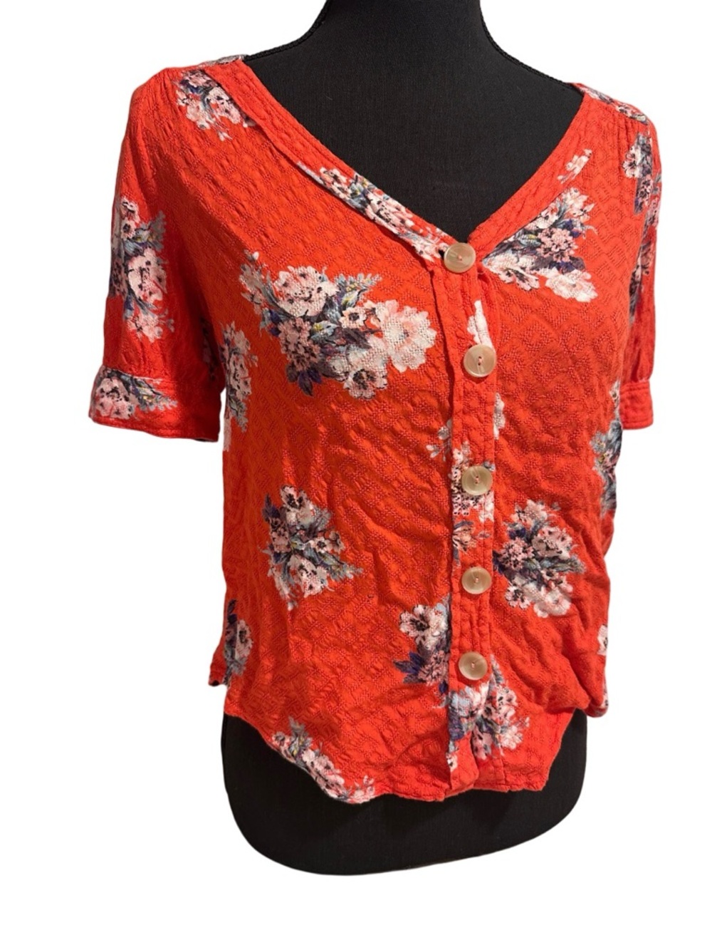 Anthropologie Maeve Hansley Orange Textured Floral V-Neck Button-Down Blouse GUC - Picture 3 of 16